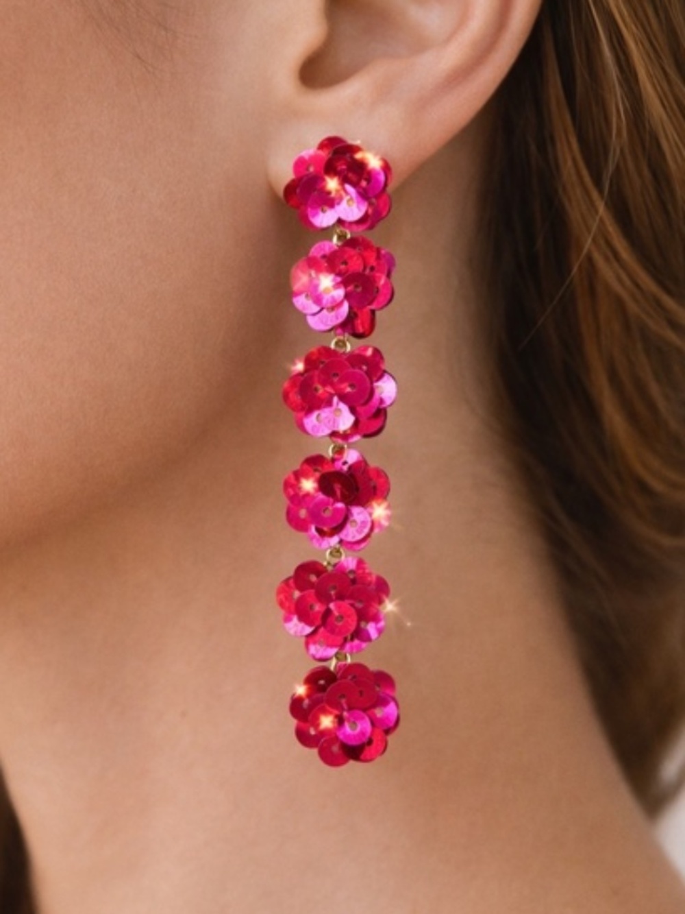 BaubleBar Hot Pink Sequin Floral Drop Earrings 4” Dangle Bold Glam Party